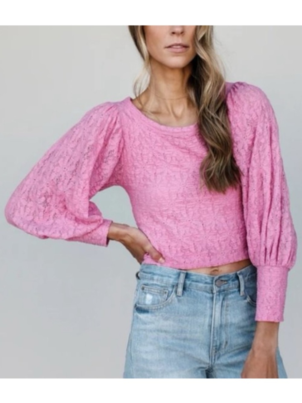 Free People Pink Puff Sleeve Lace Top With Keyhole Back Detail Size Medium